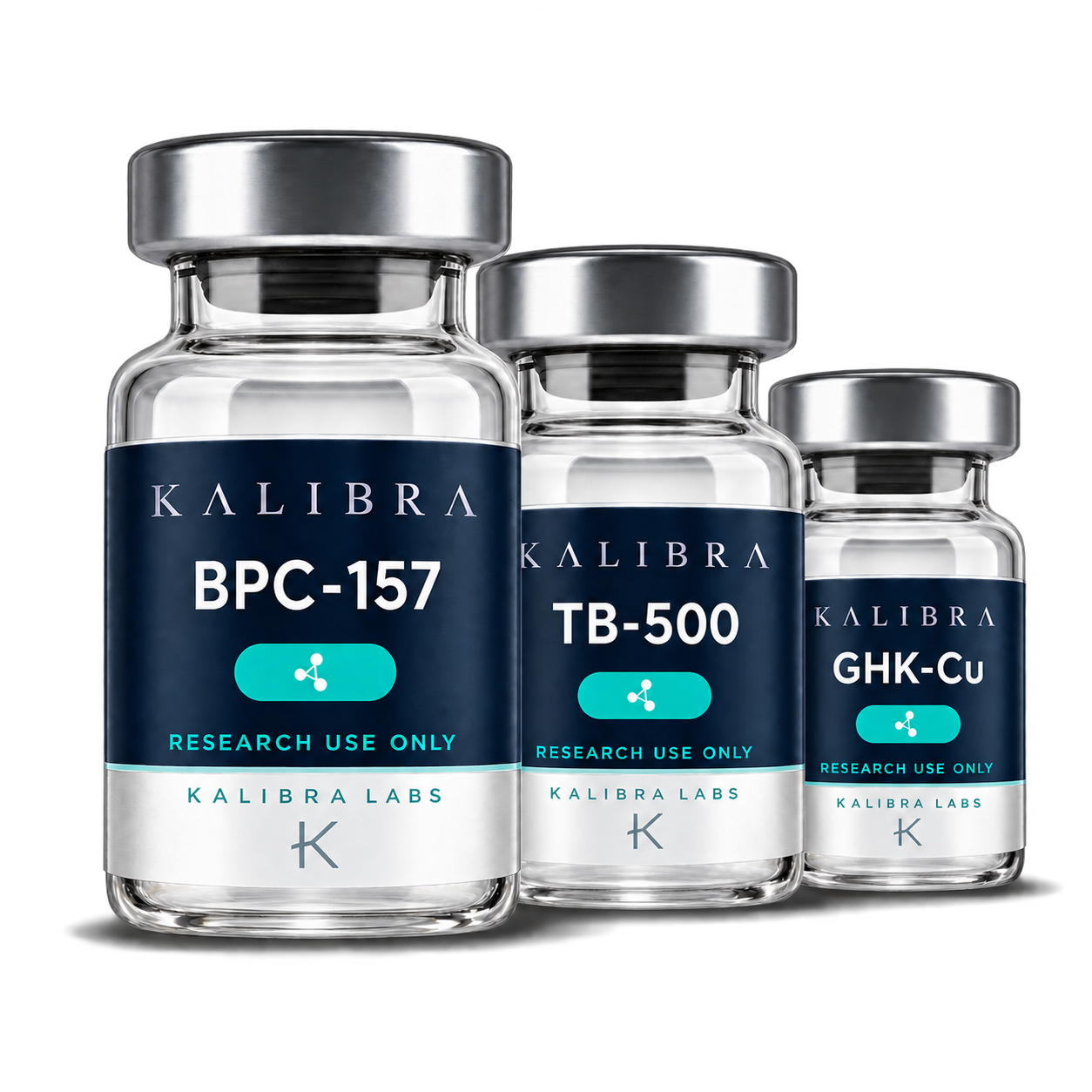 Kalibra BPC-157, TB-500 and GHK-Cu research vials